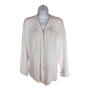 Elaine Kim 100% Silk Blouse Top Front Zip Long Sleeve White Womens Medium